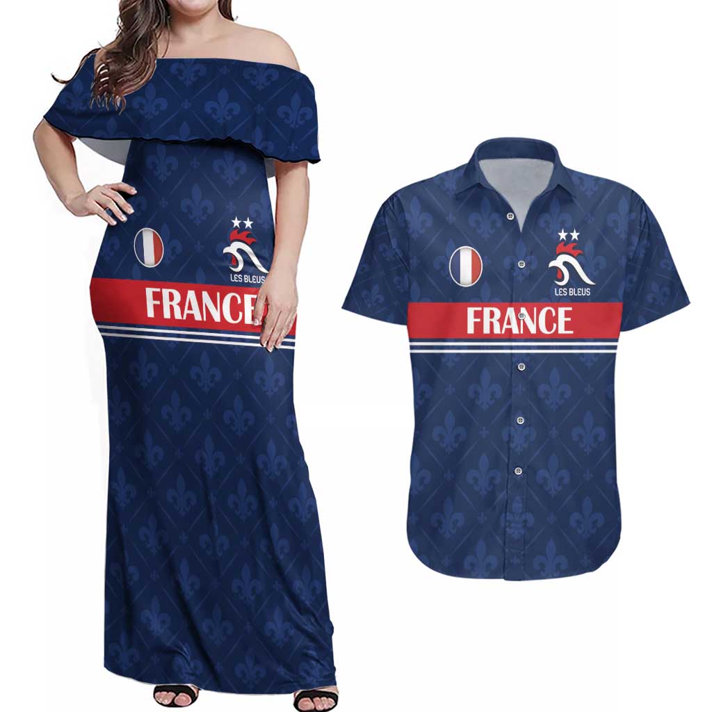 Custom France Football Couples Matching Off Shoulder Maxi Dress and Hawaiian Shirt Les Bleus French Heraldry Pattern