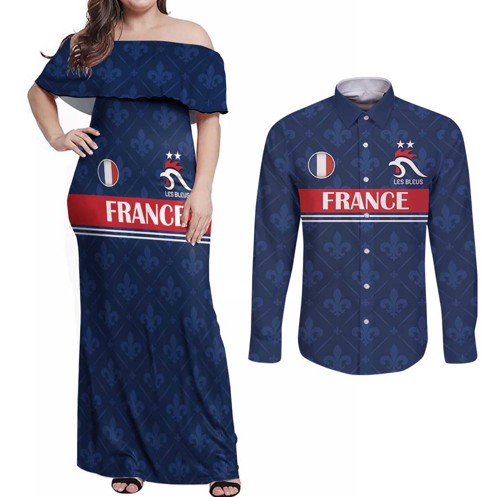Custom France Football Couples Matching Off Shoulder Maxi Dress and Long Sleeve Button Shirt Les Bleus French Heraldry Pattern