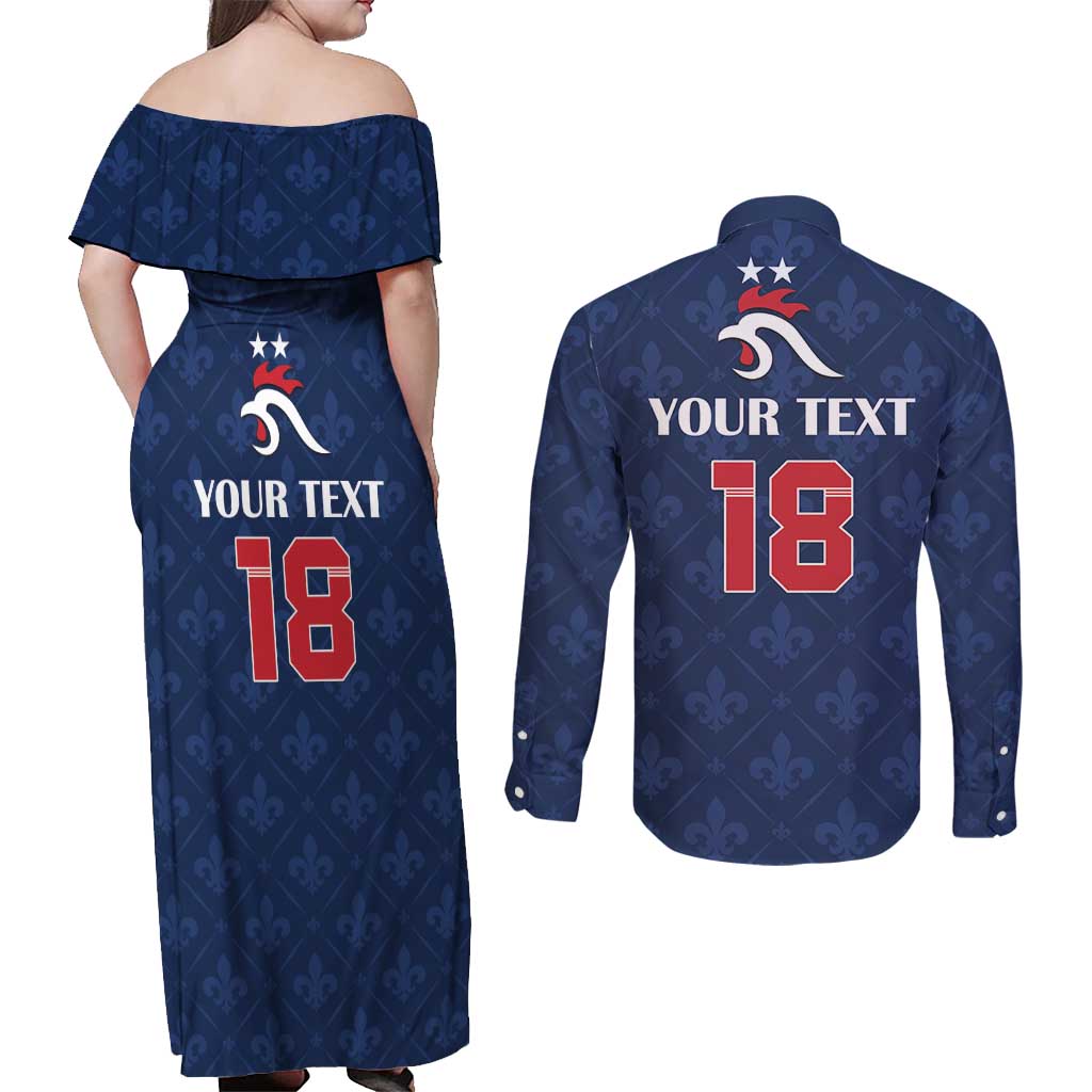 Custom France Football Couples Matching Off Shoulder Maxi Dress and Long Sleeve Button Shirt Les Bleus French Heraldry Pattern