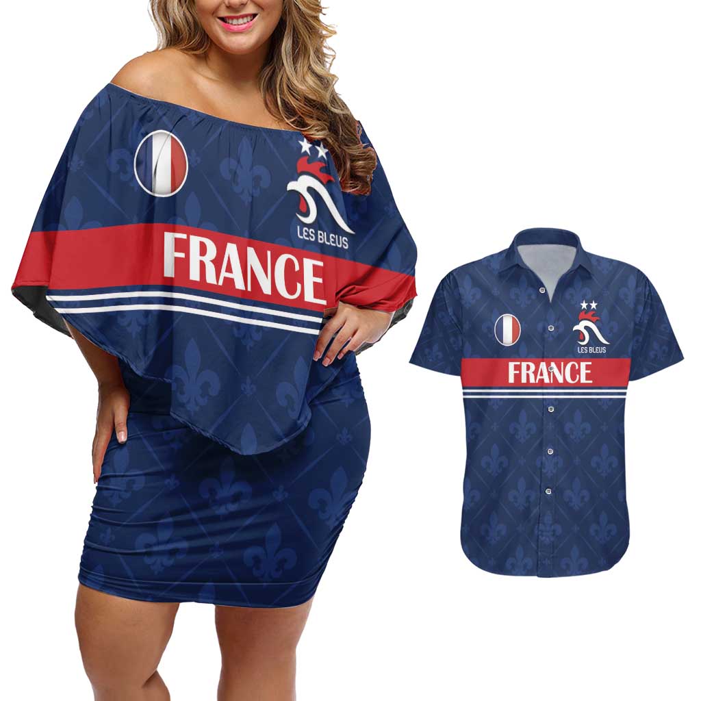 Custom France Football Couples Matching Off Shoulder Short Dress and Hawaiian Shirt Les Bleus French Heraldry Pattern