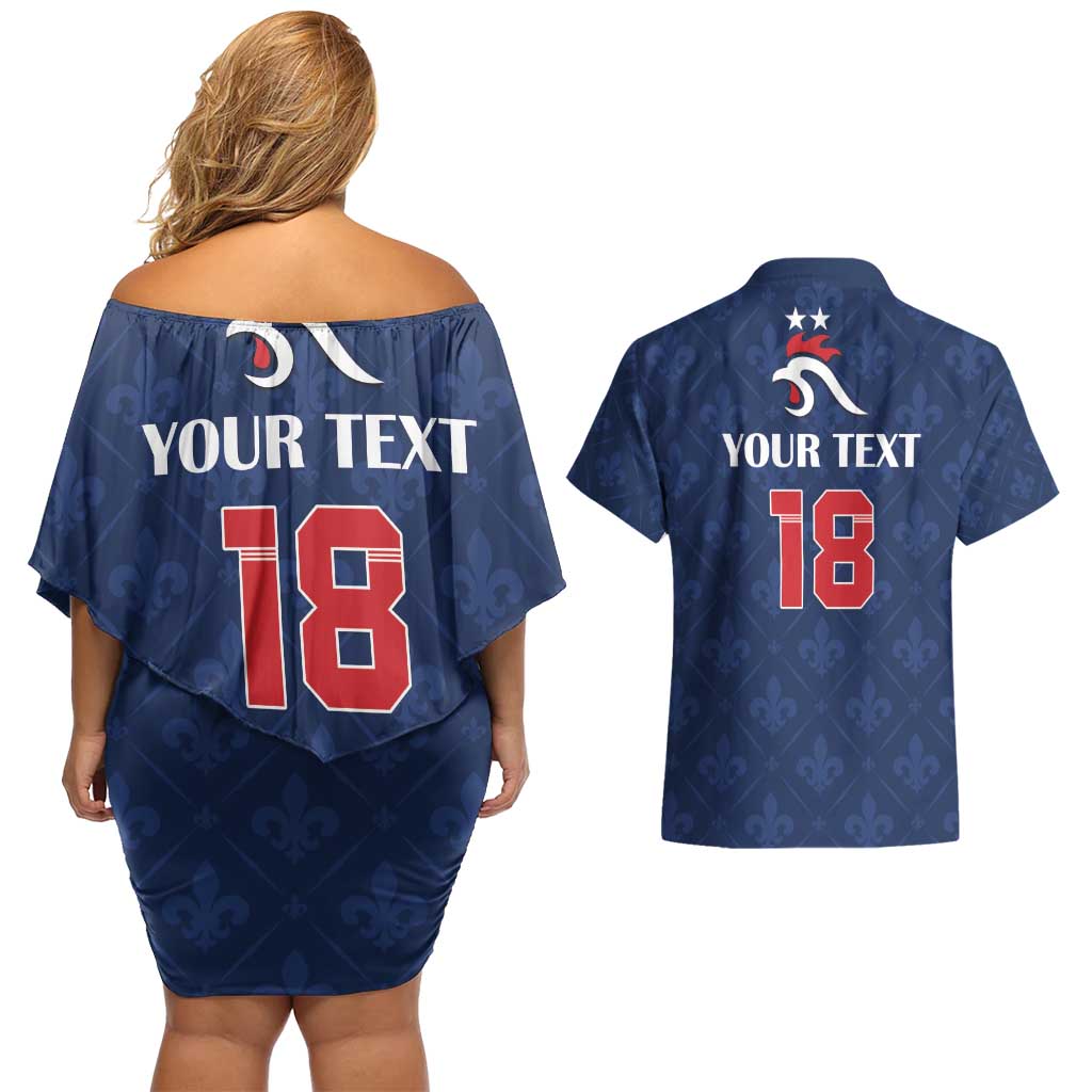 Custom France Football Couples Matching Off Shoulder Short Dress and Hawaiian Shirt Les Bleus French Heraldry Pattern