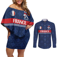 Custom France Football Couples Matching Off Shoulder Short Dress and Long Sleeve Button Shirt Les Bleus French Heraldry Pattern