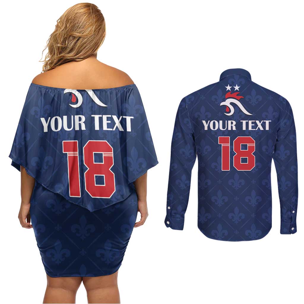 Custom France Football Couples Matching Off Shoulder Short Dress and Long Sleeve Button Shirt Les Bleus French Heraldry Pattern