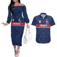 Custom France Football Couples Matching Off The Shoulder Long Sleeve Dress and Hawaiian Shirt Les Bleus French Heraldry Pattern