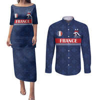 Custom France Football Couples Matching Puletasi and Long Sleeve Button Shirt Les Bleus French Heraldry Pattern