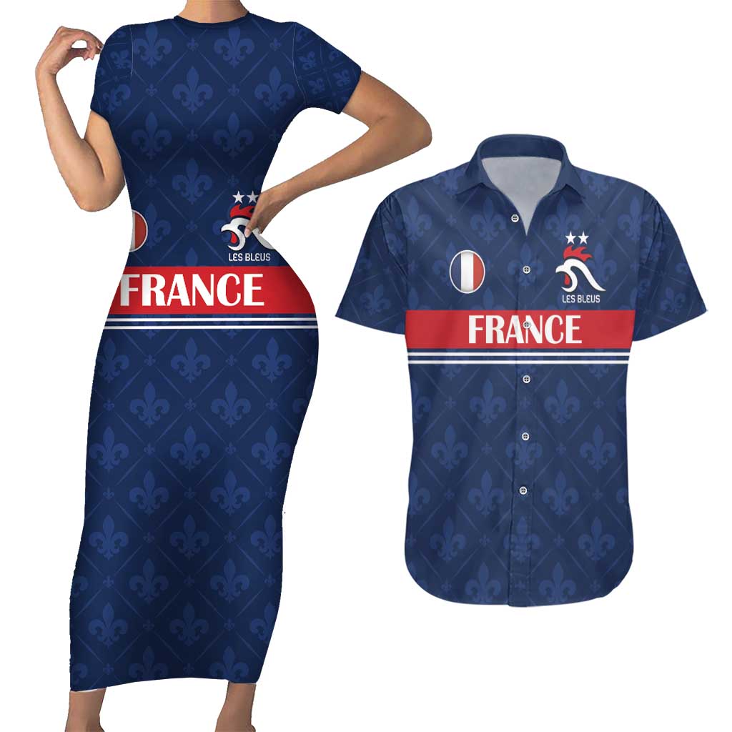 Custom France Football Couples Matching Short Sleeve Bodycon Dress and Hawaiian Shirt Les Bleus French Heraldry Pattern