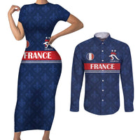 Custom France Football Couples Matching Short Sleeve Bodycon Dress and Long Sleeve Button Shirt Les Bleus French Heraldry Pattern