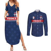 Custom France Football Couples Matching Summer Maxi Dress and Long Sleeve Button Shirt Les Bleus French Heraldry Pattern