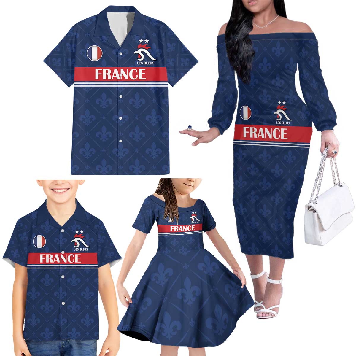 Custom France Football Family Matching Off The Shoulder Long Sleeve Dress and Hawaiian Shirt Les Bleus French Heraldry Pattern