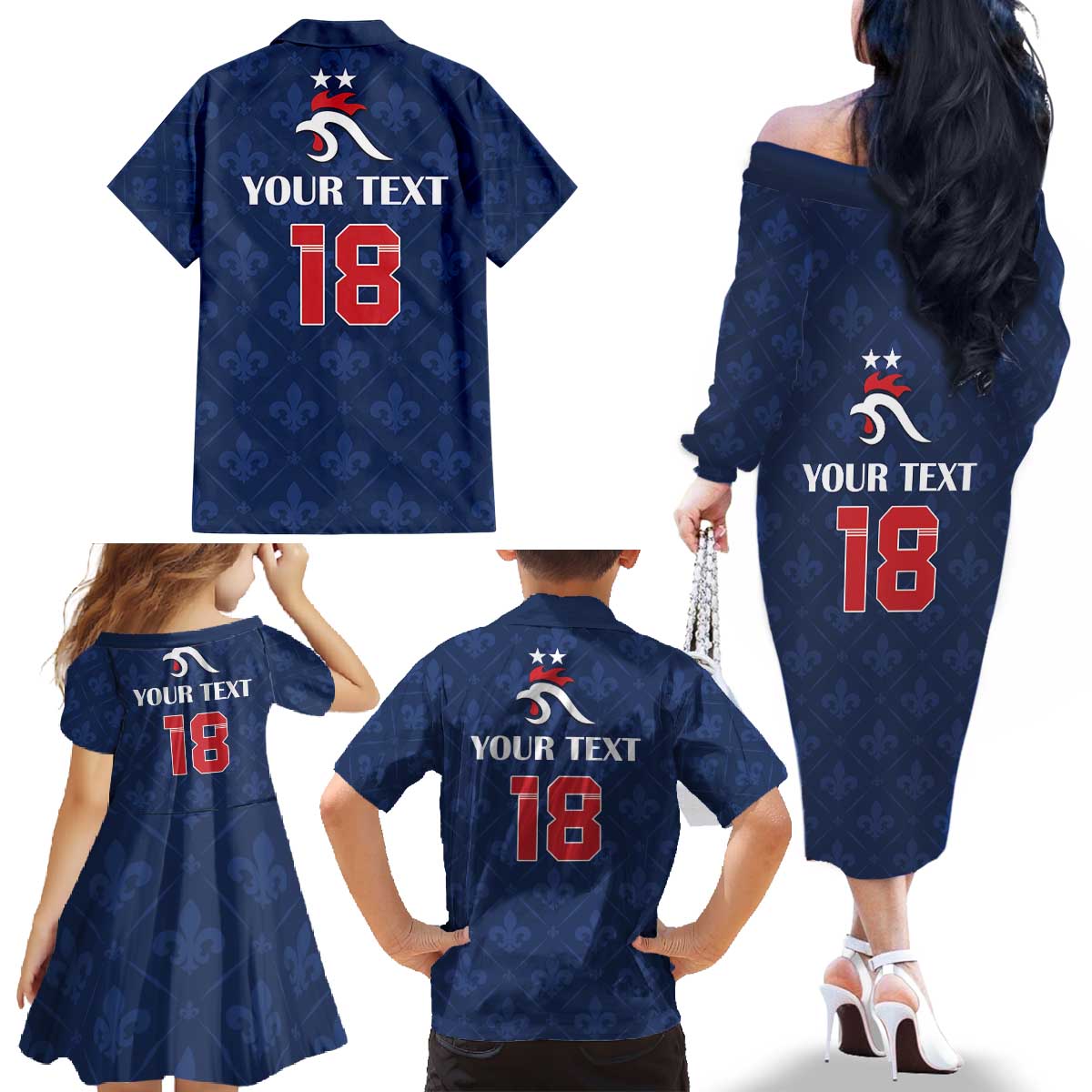 Custom France Football Family Matching Off The Shoulder Long Sleeve Dress and Hawaiian Shirt Les Bleus French Heraldry Pattern