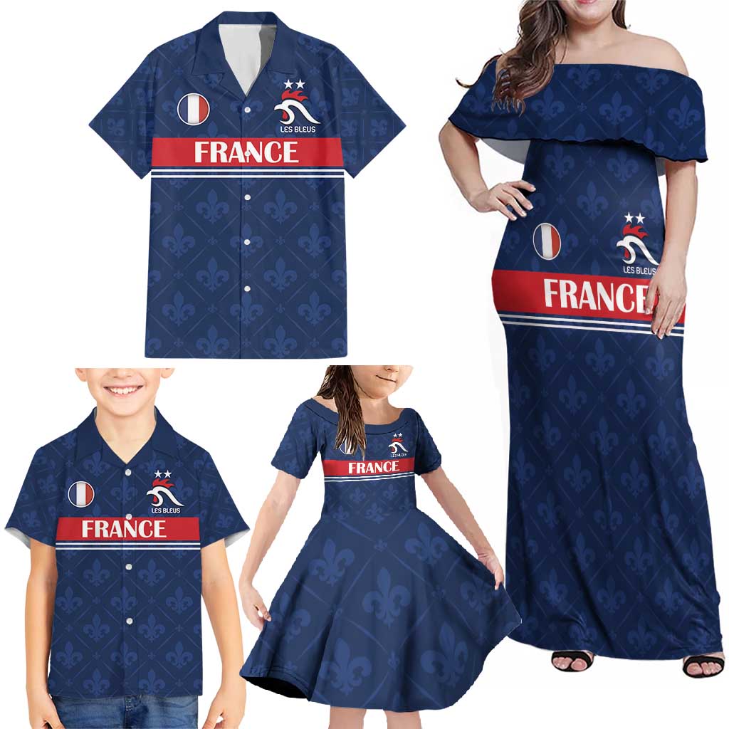 Custom France Football Family Matching Off Shoulder Maxi Dress and Hawaiian Shirt Les Bleus French Heraldry Pattern