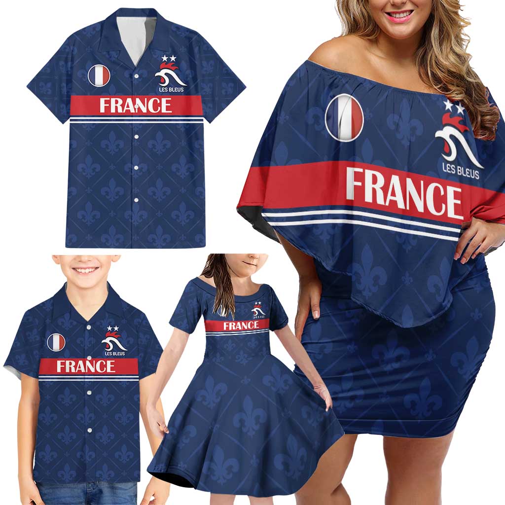 Custom France Football Family Matching Off Shoulder Short Dress and Hawaiian Shirt Les Bleus French Heraldry Pattern