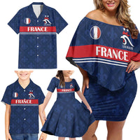 Custom France Football Family Matching Off Shoulder Short Dress and Hawaiian Shirt Les Bleus French Heraldry Pattern