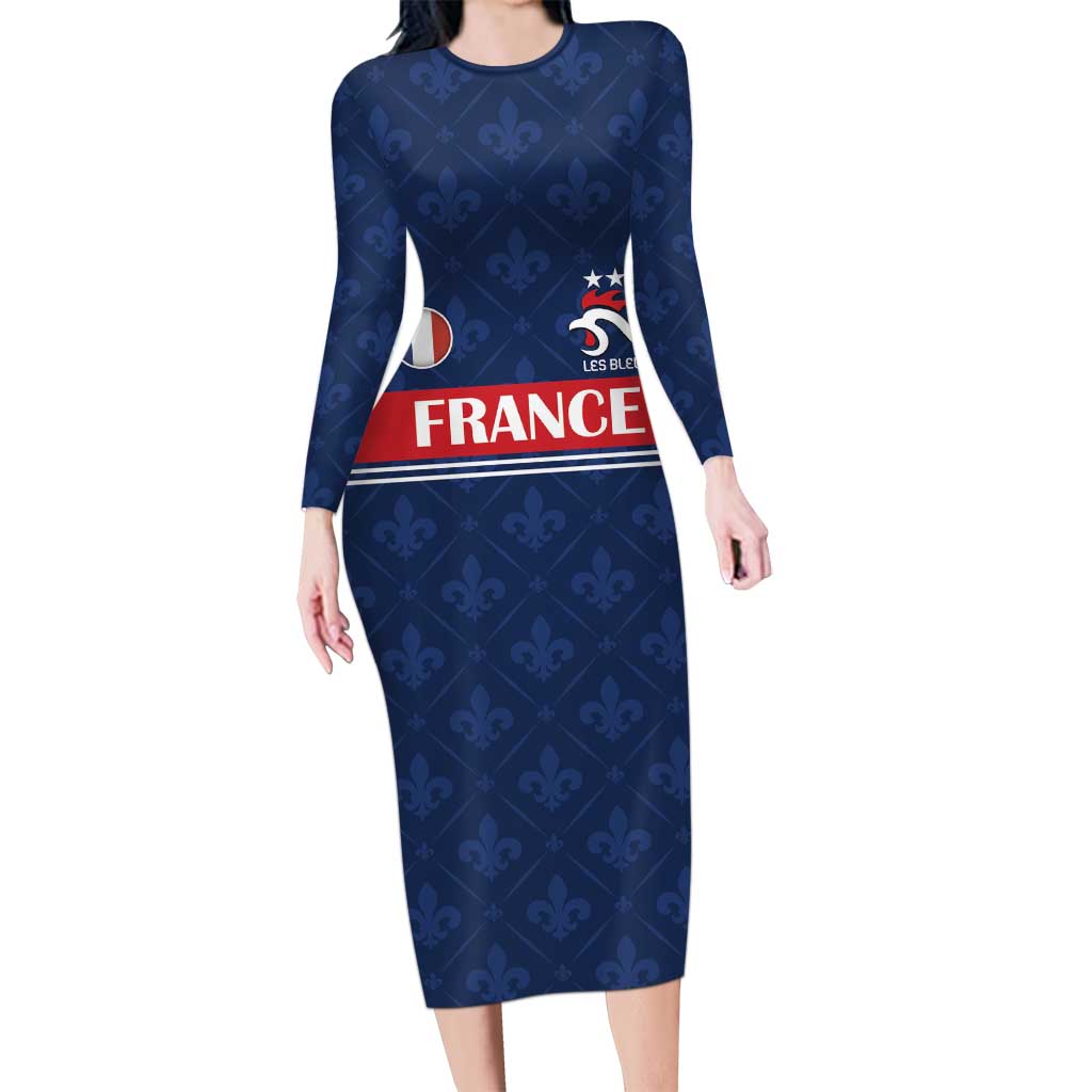 Custom France Football Long Sleeve Bodycon Dress Les Bleus French Heraldry Pattern