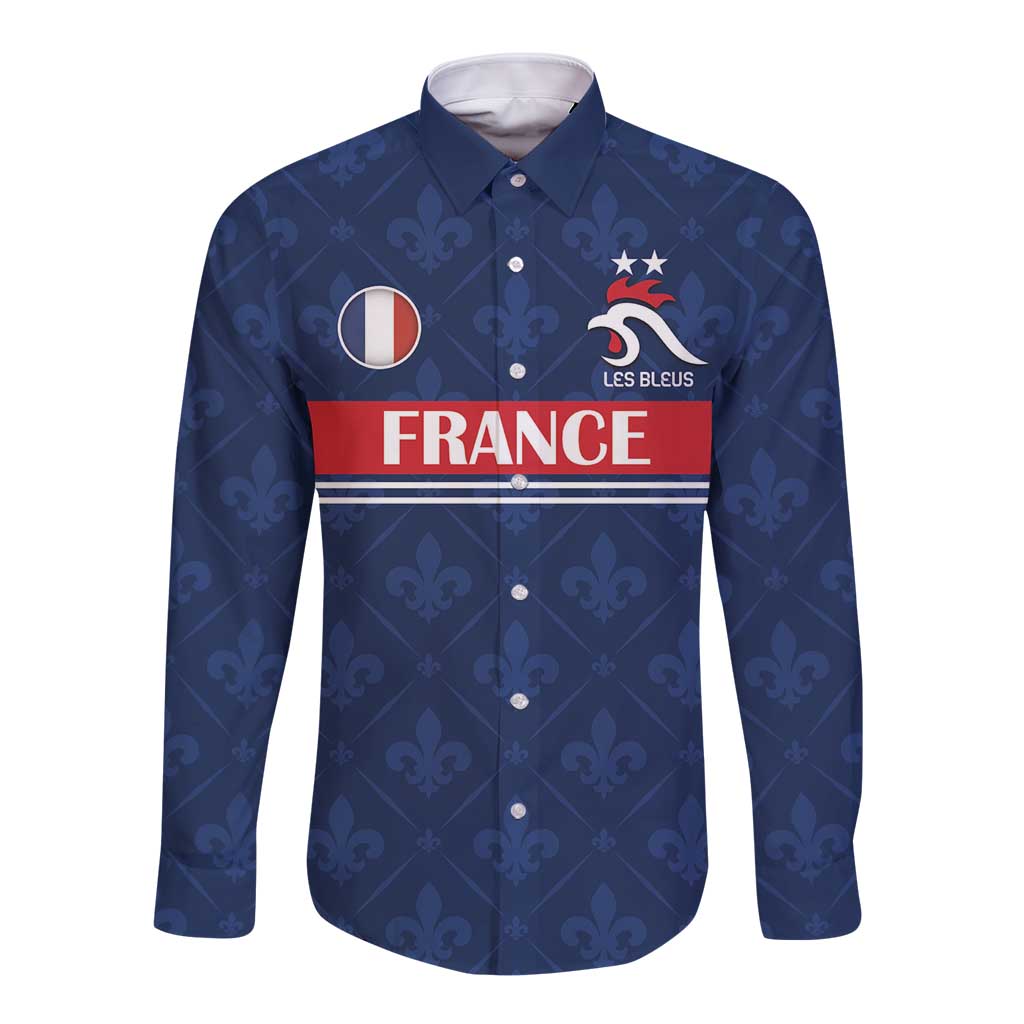 Custom France Football Long Sleeve Button Shirt Les Bleus French Heraldry Pattern
