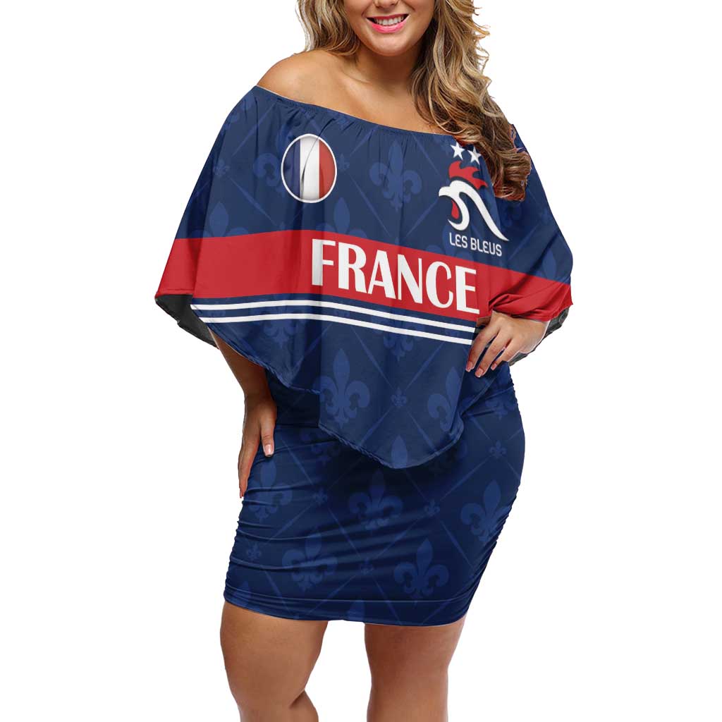 Custom France Football Off Shoulder Short Dress Les Bleus French Heraldry Pattern