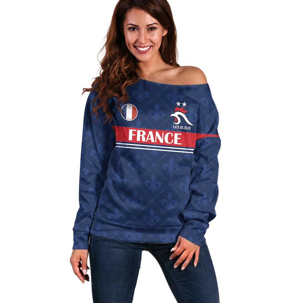 Custom France Football Off Shoulder Sweater Les Bleus French Heraldry Pattern