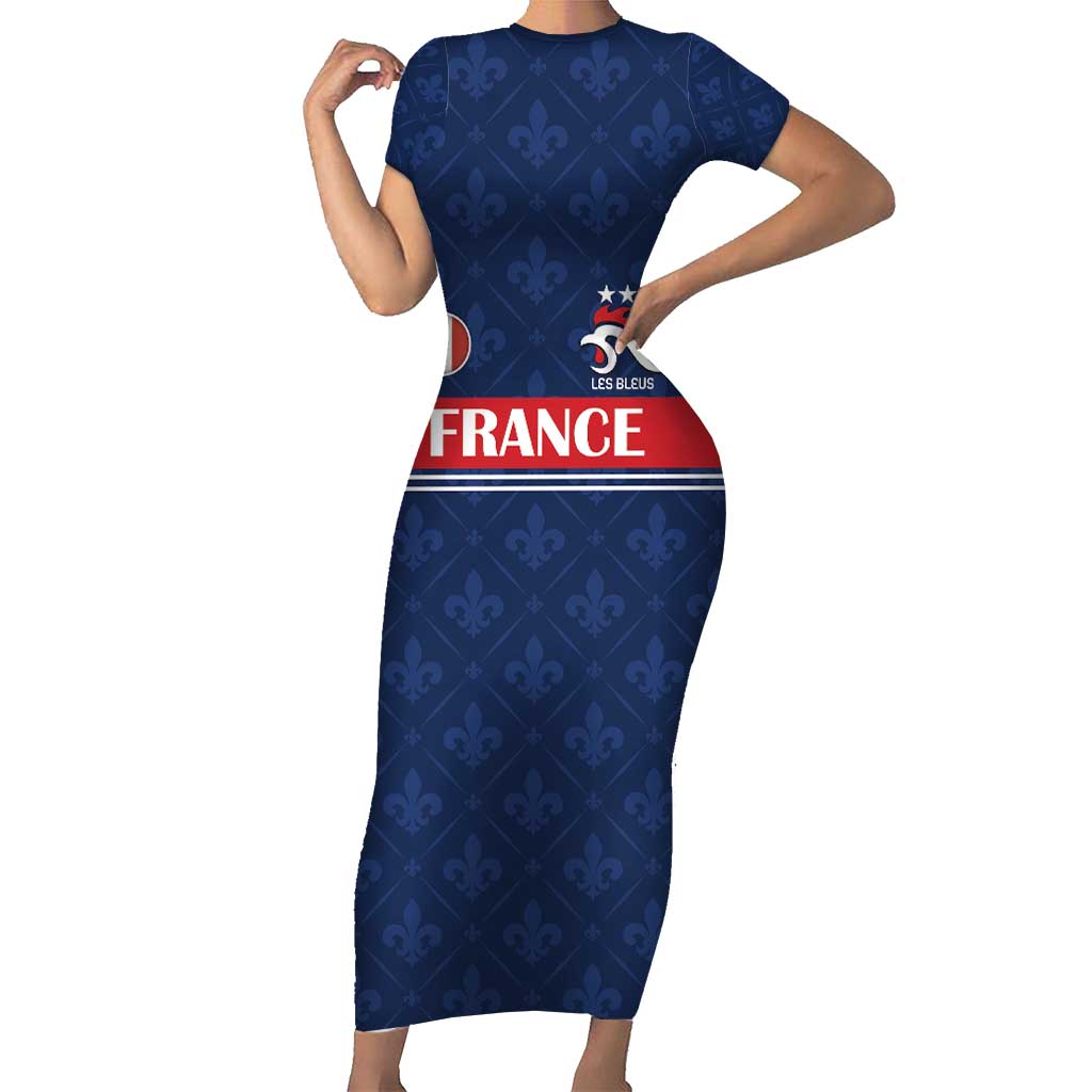 Custom France Football Short Sleeve Bodycon Dress Les Bleus French Heraldry Pattern