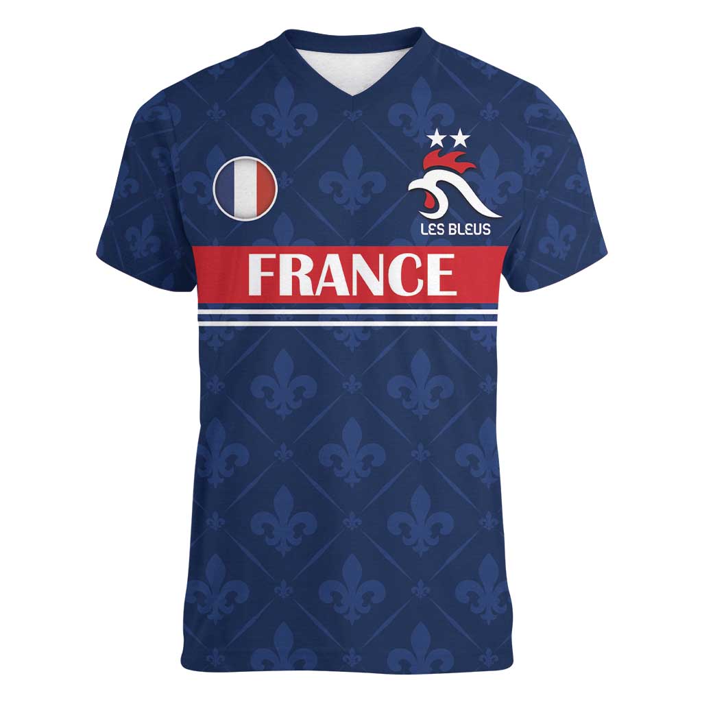 Custom France Football Women V-Neck T-Shirt Les Bleus French Heraldry Pattern