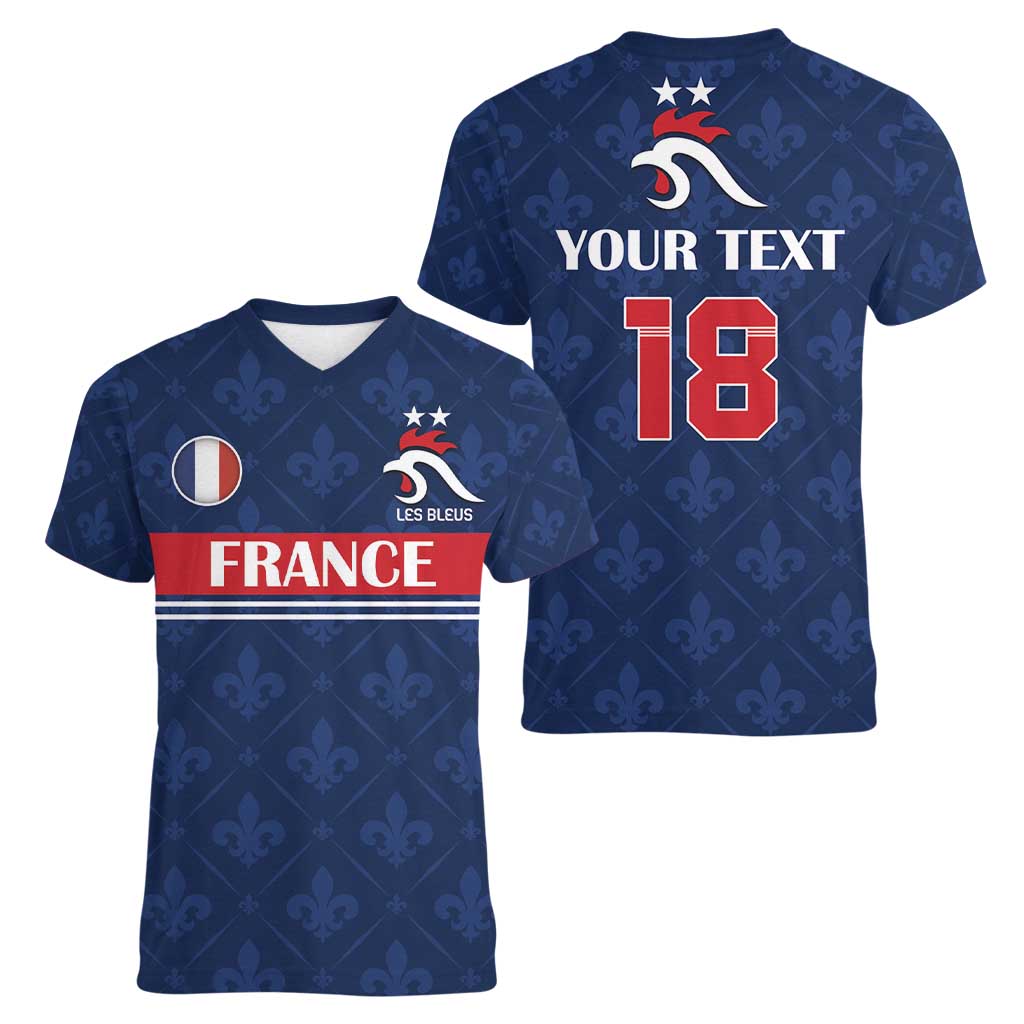 Custom France Football Women V-Neck T-Shirt Les Bleus French Heraldry Pattern