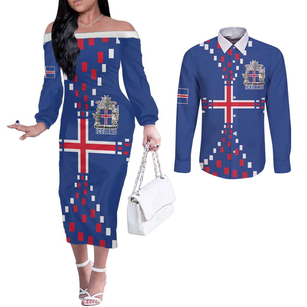 Custom Iceland Football Couples Matching Off The Shoulder Long Sleeve Dress and Long Sleeve Button Shirt Go Champion