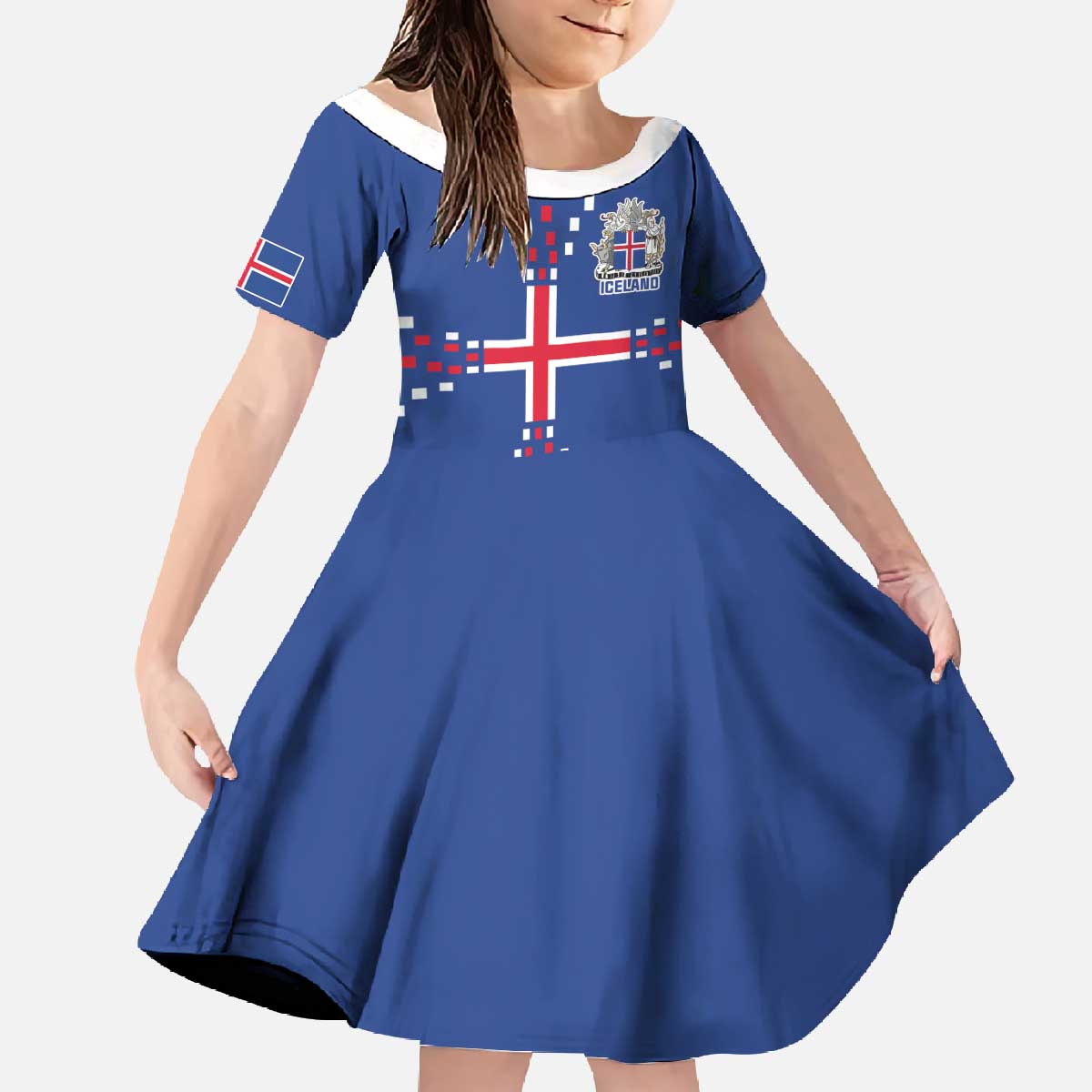 Custom Iceland Football Family Matching Off The Shoulder Long Sleeve Dress and Hawaiian Shirt Go Champion