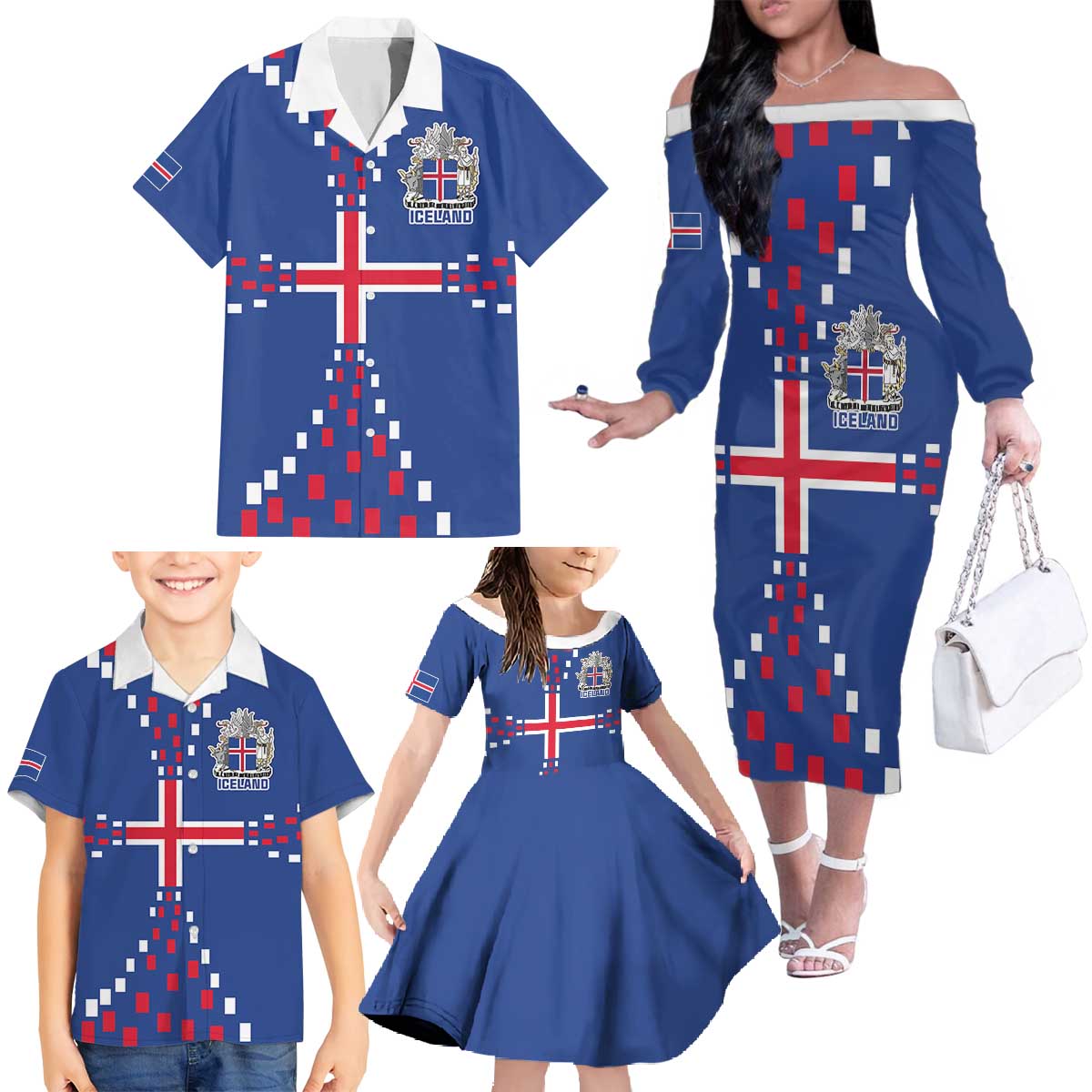 Custom Iceland Football Family Matching Off The Shoulder Long Sleeve Dress and Hawaiian Shirt Go Champion