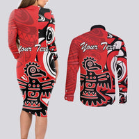 Personalized Canada Haida Eagle Couples Matching Long Sleeve Bodycon Dress and Long Sleeve Button Shirt Red Style - Wonder Print Shop