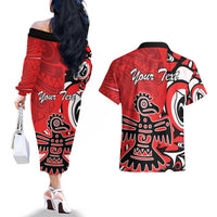 Personalized Canada Haida Eagle Couples Matching Off The Shoulder Long Sleeve Dress and Hawaiian Shirt Red Style - Wonder Print Shop