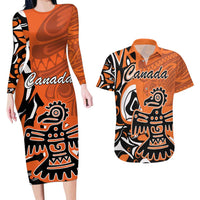 Personalized Canada Haida Eagle Couples Matching Long Sleeve Bodycon Dress and Hawaiian Shirt Orange Style - Wonder Print Shop