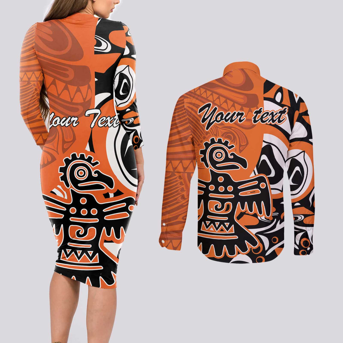 Personalized Canada Haida Eagle Couples Matching Long Sleeve Bodycon Dress and Long Sleeve Button Shirt Orange Style - Wonder Print Shop