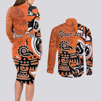 Personalized Canada Haida Eagle Couples Matching Long Sleeve Bodycon Dress and Long Sleeve Button Shirt Orange Style - Wonder Print Shop