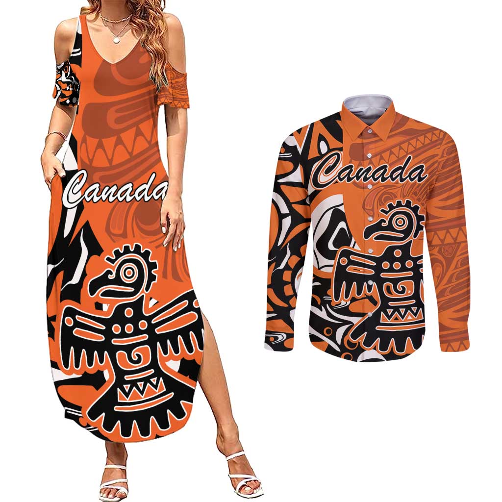 Personalized Canada Haida Eagle Couples Matching Summer Maxi Dress and Long Sleeve Button Shirt Orange Style - Wonder Print Shop