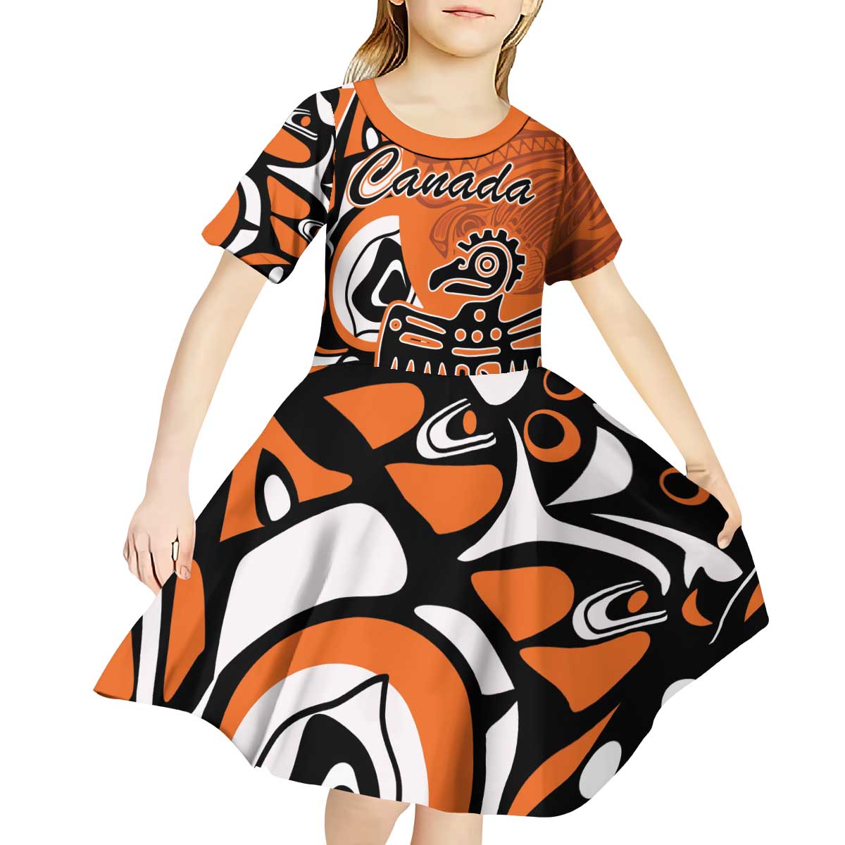 Personalized Canada Haida Eagle Kid Short Sleeve Dress Orange Style - Wonder Print Shop