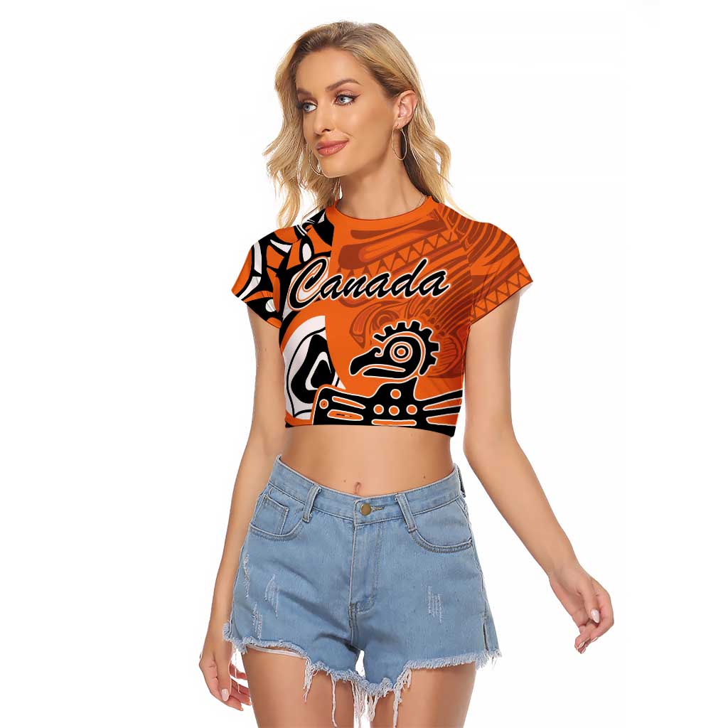 Personalized Canada Haida Eagle Raglan Cropped T Shirt Orange Style - Wonder Print Shop