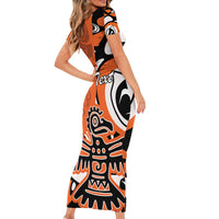 Personalized Canada Haida Eagle Short Sleeve Bodycon Dress Orange Style - Wonder Print Shop