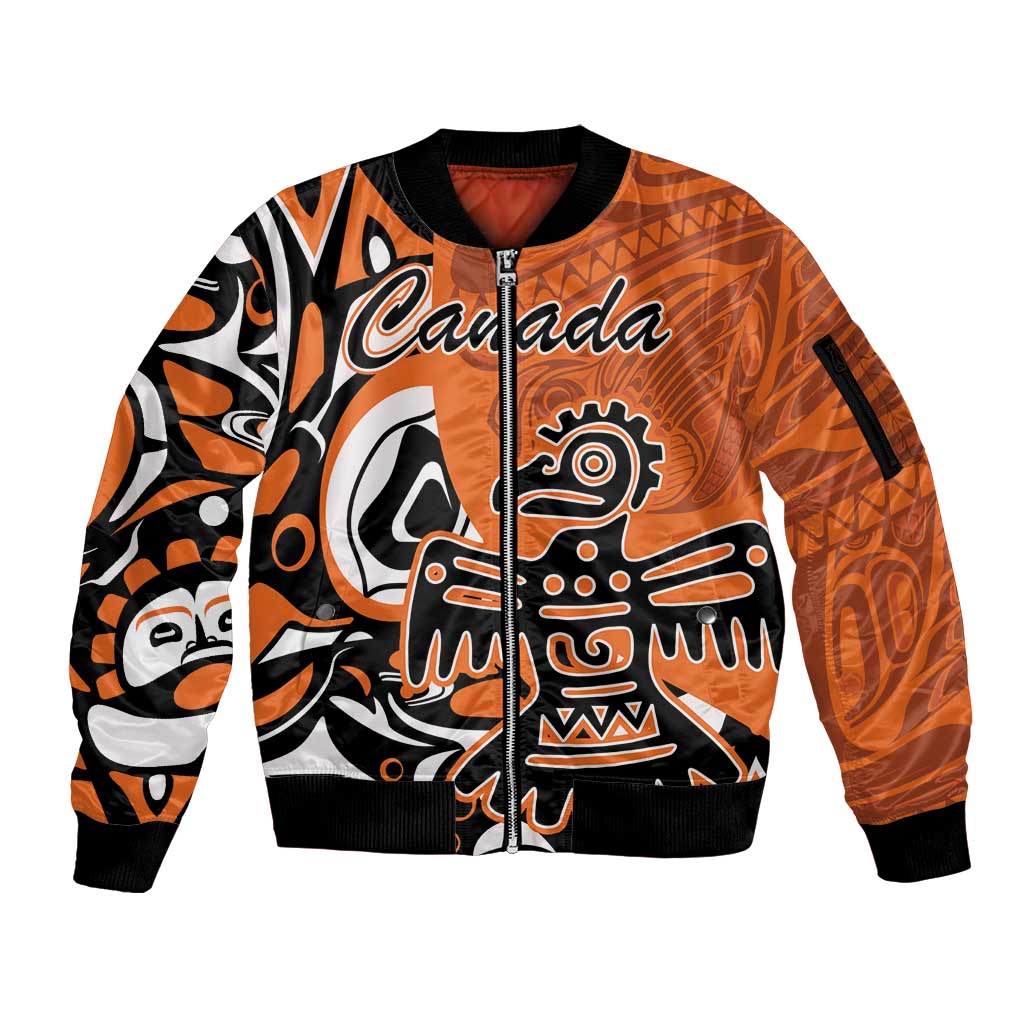 Personalized Canada Haida Eagle Sleeve Zip Bomber Jacket Orange Style - Wonder Print Shop