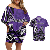 Personalized Canada Haida Eagle Couples Matching Off Shoulder Short Dress and Hawaiian Shirt Purple Style - Wonder Print Shop