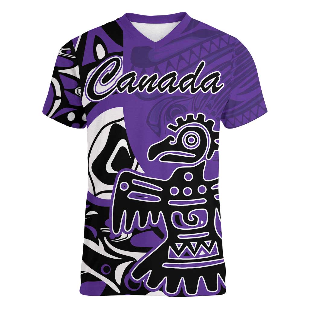 Personalized Canada Haida Eagle Women V-Neck T-Shirt Purple Style - Wonder Print Shop