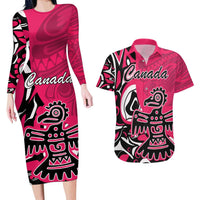 Personalized Canada Haida Eagle Couples Matching Long Sleeve Bodycon Dress and Hawaiian Shirt Pink Style - Wonder Print Shop