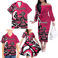 Personalized Canada Haida Eagle Family Matching Off The Shoulder Long Sleeve Dress and Hawaiian Shirt Pink Style - Wonder Print Shop