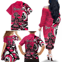 Personalized Canada Haida Eagle Family Matching Off The Shoulder Long Sleeve Dress and Hawaiian Shirt Pink Style - Wonder Print Shop
