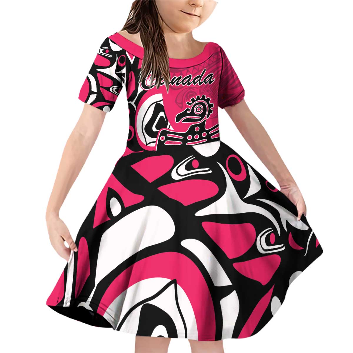 Personalized Canada Haida Eagle Family Matching Off Shoulder Short Dress and Hawaiian Shirt Pink Style - Wonder Print Shop