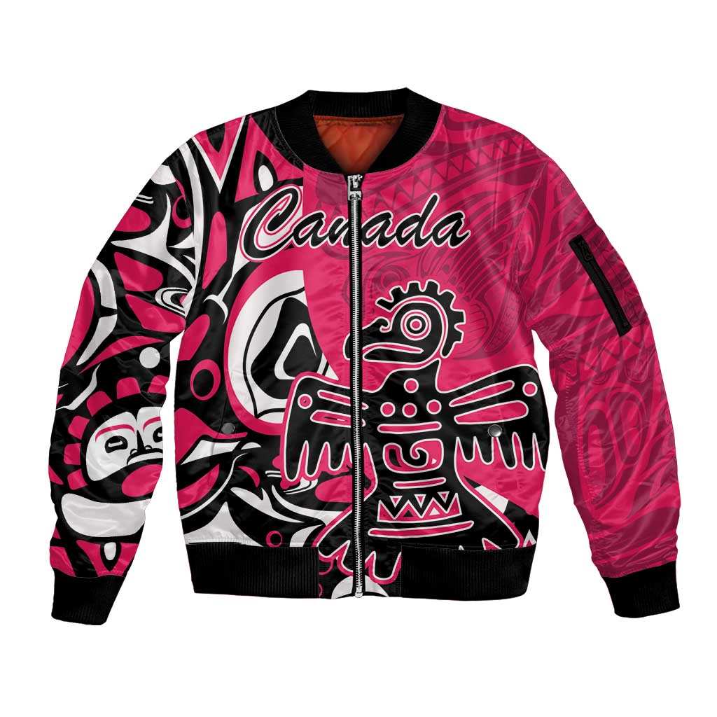 Personalized Canada Haida Eagle Sleeve Zip Bomber Jacket Pink Style - Wonder Print Shop