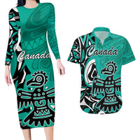 Personalized Canada Haida Eagle Couples Matching Long Sleeve Bodycon Dress and Hawaiian Shirt Turquoise Style - Wonder Print Shop