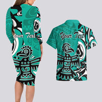 Personalized Canada Haida Eagle Couples Matching Long Sleeve Bodycon Dress and Hawaiian Shirt Turquoise Style - Wonder Print Shop