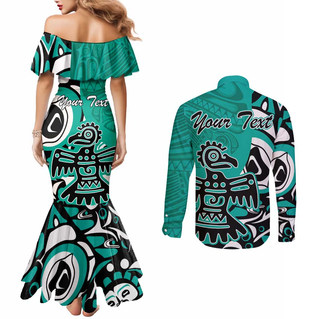 Personalized Canada Haida Eagle Couples Matching Mermaid Dress and Long Sleeve Button Shirt Turquoise Style