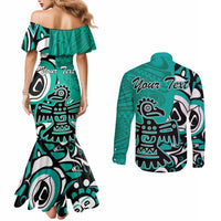 Personalized Canada Haida Eagle Couples Matching Mermaid Dress and Long Sleeve Button Shirt Turquoise Style