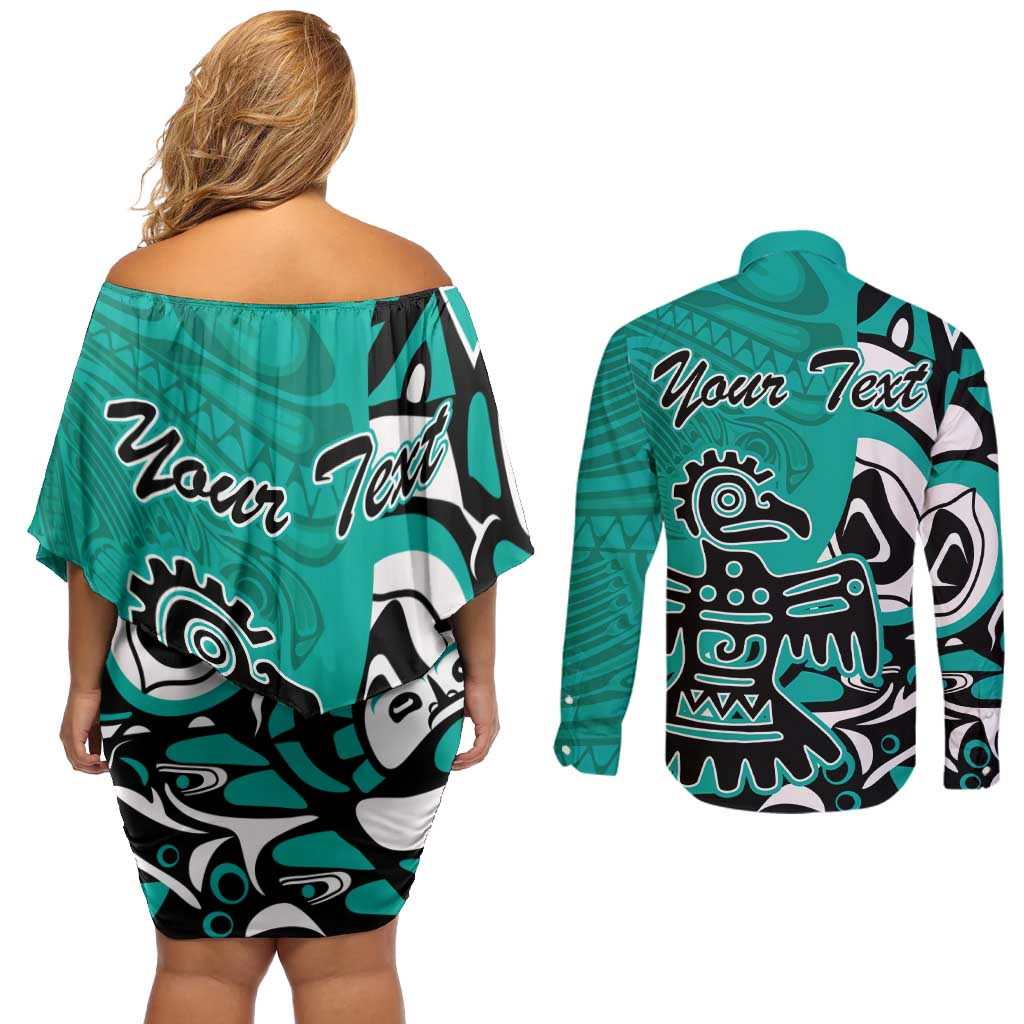 Personalized Canada Haida Eagle Couples Matching Off Shoulder Short Dress and Long Sleeve Button Shirt Turquoise Style - Wonder Print Shop