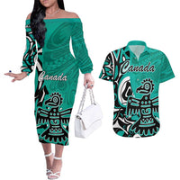 Personalized Canada Haida Eagle Couples Matching Off The Shoulder Long Sleeve Dress and Hawaiian Shirt Turquoise Style - Wonder Print Shop